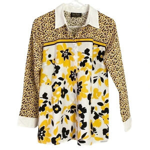 Bob Mackie Wearable Art Vintage Button Down Blouse Top XS Yellow Black Floral